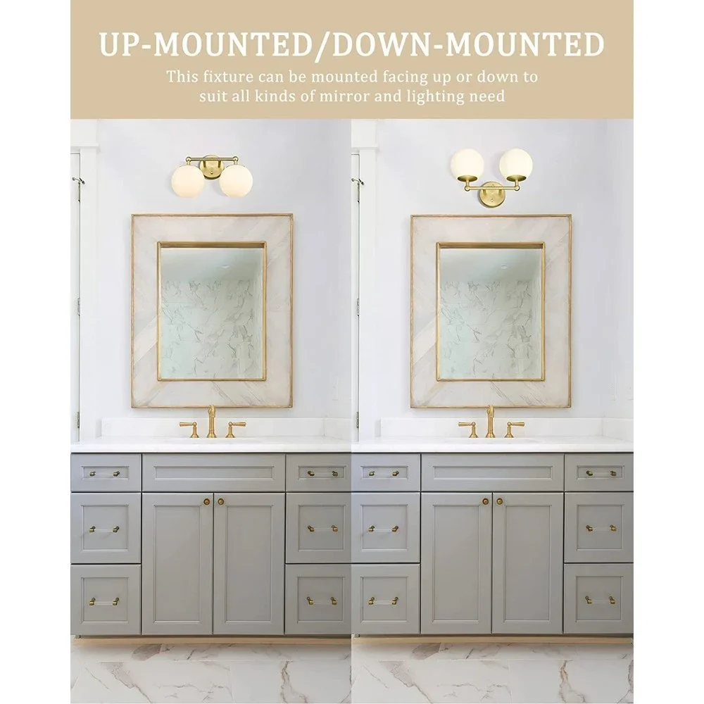 Gold Bathroom Light Fixture 2-Light Vanity Light Over Mirror Wall Sconce Globe